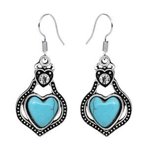SILVER TURQUOISE DIAMOND HEART DANGLE EARRINGS